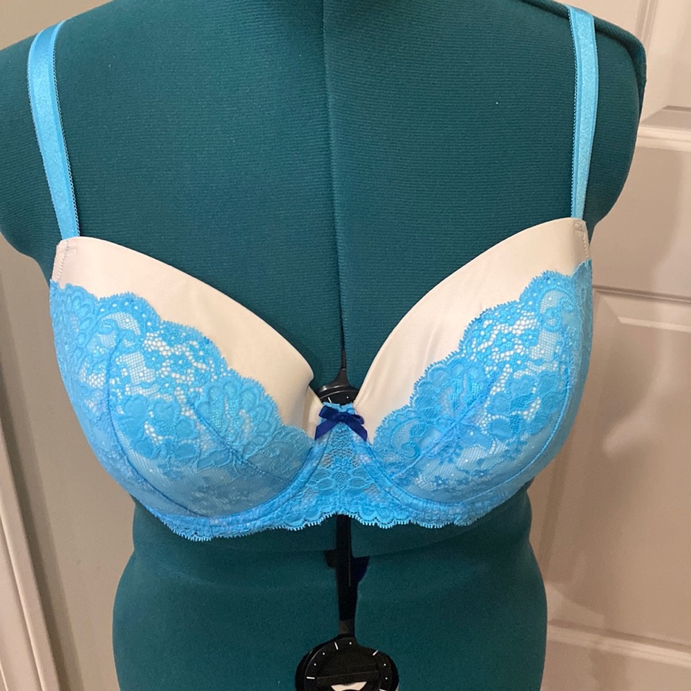 Excellent condition Victoria’s Secret bra, 38DD, white with blue lace